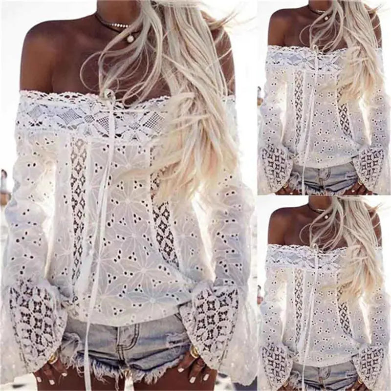 Summer Sexy Women Lace White Blouse Tops Turtleneck Shirt